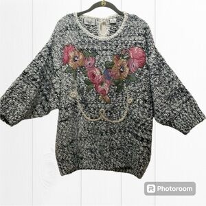 Focal Point vintage sweater 2X dolman sleeve tapestry floral pattern on blk/wht